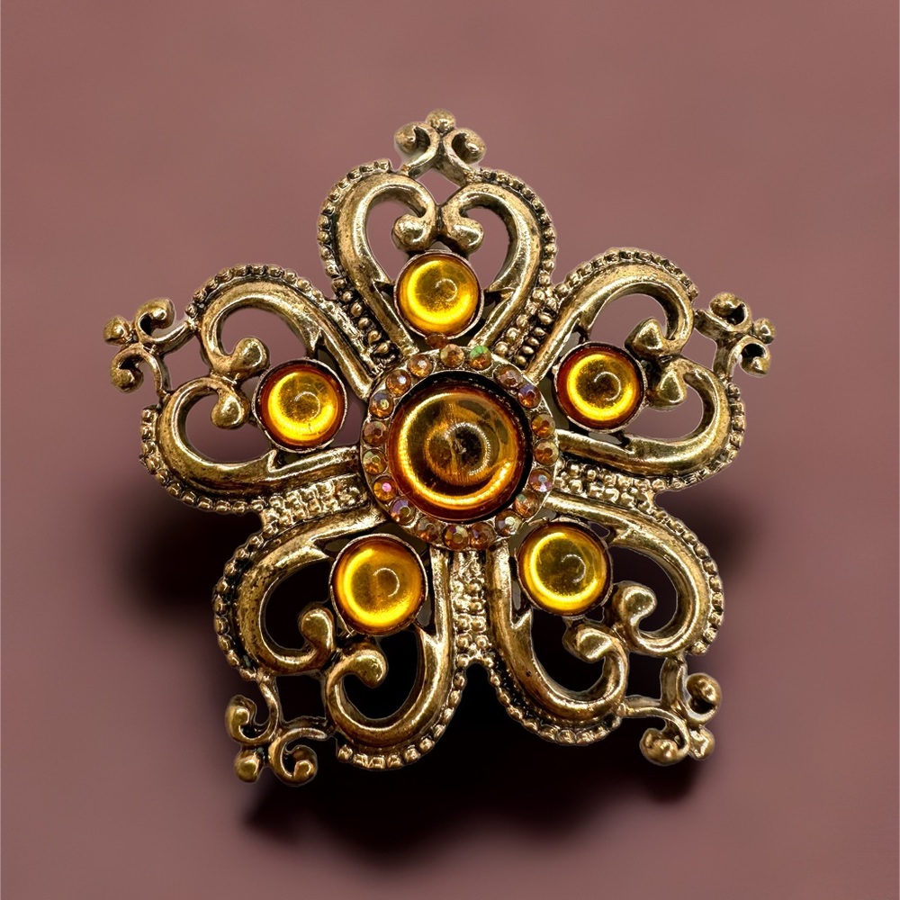 Vintage Yellow Jellybean & Faceted Rhinestone Hearted Metal Brooch